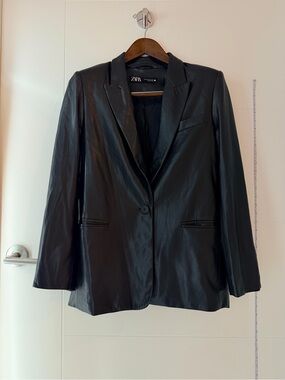 ZARA Black Faux Leather Single-Button Blazer
